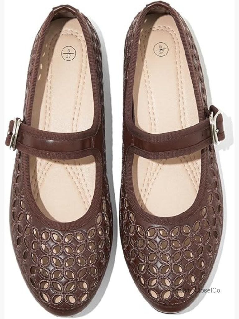 Perforated Mary Jane Flats Breathable Cutout Retro Adjustable Strap Dress Shoes